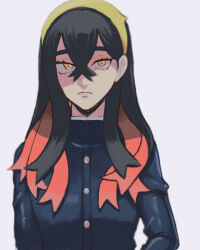 Rule 34 | 1girl, 3:, b vxw, black hair, blue jacket, buttons, carmine (pokemon), closed mouth, colored inner hair, creatures (company), crossed bangs, eyelashes, film grain, game freak, hair between eyes, hairband, highres, jacket, long hair, long sleeves, mole, mole under eye, multicolored hair, nintendo, pokemon, pokemon sv, red hair, simple background, solo, turtleneck, two-tone hair, upper body, white background, yellow eyes, yellow hairband