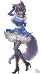 Rule 34 | 1girl, animal ear fluff, animal ears, black footwear, black thighhighs, blue gloves, blue skirt, boots, breasts, elbow gloves, eyepatch, fox ears, fox tail, full body, gloves, hair between eyes, high heel boots, high heels, highres, kantai collection, knee boots, large breasts, mizoredama1, navel, purple hair, short hair, signature, simple background, skirt, smile, solo, tail, tenryuu (kancolle), thighhighs, white background, white skirt, yellow eyes