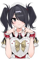 Rule 34 | 1girl, :3, alternate costume, ame-chan (needy girl overdose), black dress, black hair, black nails, bow, closed mouth, collared dress, dress, enmaided, frilled sleeves, frills, grey eyes, hair ornament, hair over one eye, hair tie, hands up, heart, heart hair ornament, heart hands, highres, long hair, looking at viewer, maid, maid headdress, nail polish, needy girl overdose, official alternate costume, puffy short sleeves, puffy sleeves, short sleeves, simple background, smile, solo, sweets paradise, twintails, upper body, white background, wrist cuffs, yellow bow, yumeno (yume0601)