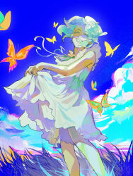 Rule 34 | 1other, androgynous, aqua eyes, aqua hair, blue background, blue sky, bug, butterfly, colored eyelashes, colored mouth, crystal hair, dress, field, glint, glowing, glowing hair, grass, half-closed eyes, highres, houseki no kuni, insect, looking at viewer, on grass, open mouth, other focus, parted bangs, phosphophyllite, portrait, shirt, short hair, sky, smile, solo, sparkle, teeth, translucent, translucent hair, white dress, white shirt, wind, xiaoxiaoguguzi
