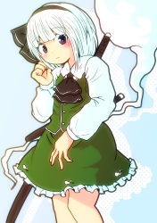 Rule 34 | 1girl, ascot, black ascot, black hairband, blue background, blush, buttons, closed mouth, collar, collared shirt, danpey, dress, ghost, ghost print, green dress, hairband, hand on own face, hand up, highres, katana, konpaku youmu, konpaku youmu (ghost), long sleeves, looking down, looking to the side, one-hour drawing challenge, polka dot, polka dot background, puffy long sleeves, puffy sleeves, purple eyes, shadow, shirt, short hair, simple background, solo, standing, sword, touhou, weapon, white hair, white shirt