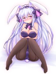 Rule 34 | 1girl, animal ears, bare shoulders, blush, bow, breasts, rabbit ears, rabbit tail, cleavage, detached collar, covered erect nipples, fairy fencer f, fake animal ears, hairband, large breasts, leotard, lolita hairband, long hair, nose blush, pantyhose, pink eyes, playboy bunny, ribbon, sekiri, solo, sweatdrop, tail, thighs, tiara (fairy fencer f), very long hair, white hair, wrist cuffs