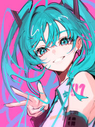 Rule 34 | 1girl, 39, blue eyes, blue hair, collared shirt, commentary request, detached sleeves, earrings, grin, hatsune miku, highres, jewelry, long hair, long sleeves, looking at viewer, miku day, nail polish, pokimari, shirt, sketch, sleeveless, sleeveless shirt, smile, solo, twintails, upper body, vocaloid, w