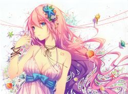 Rule 34 | 1girl, absurdres, bracelet, breasts, cleavage, fingernails, gradient background, highres, jewelry, long hair, megurine luka, nail polish, parted lips, pink hair, seashell, shell, solo, starfish, tattoo, tidsean, very long hair, vocaloid