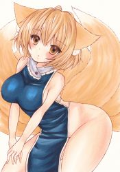 Rule 34 | 1girl, absurdres, animal ears, blonde hair, blush, breasts, curvy, fox ears, highres, large breasts, looking at viewer, naked tabard, open mouth, short hair, sideboob, solo, tabard, tail, touhou, traditional media, waitan1729, yakumo ran, yellow eyes