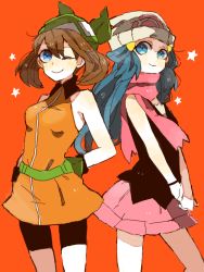 Rule 34 | 00s, 2girls, ;), arms behind back, bag, bandana, bare arms, bare legs, bare shoulders, beanie, bike shorts, blue eyes, blue hair, brown hair, c:, closed mouth, creatures (company), dawn (pokemon), fanny pack, female focus, friends, game freak, gloves, green bag, green bandanna, hair ornament, hands together, hat, legs, long hair, looking at viewer, ma6, may (pokemon), may (pokemon emerald), multiple girls, nintendo, one eye closed, orange background, pink skirt, pokemon, pokemon (anime), pokemon dppt, pokemon rse, red scarf, scarf, short hair, skirt, smile, standing, star (symbol), starry background, tegaki, wink