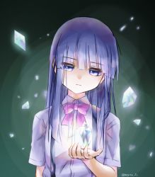 Rule 34 | 1girl, blue eyes, blue hair, blunt bangs, blurry, bow, bowtie, closed mouth, collared shirt, commentary, crystal, depth of field, expressionless, furude rika, glowing, green background, higurashi no naku koro ni, kakera, long hair, looking down, morte ai, pink bow, pink bowtie, school uniform, shirt, short sleeves, solo, suspenders, twitter username, upper body, white shirt