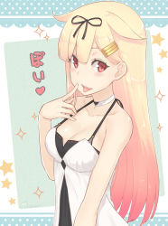 Rule 34 | 10s, 1girl, 2017, :d, black ribbon, blonde hair, blunt bangs, blush, breasts, cleavage, collarbone, dan (kumadan), dated, dress, finger to mouth, gradient hair, hair flaps, hair ornament, hair ribbon, hairclip, heart, kantai collection, long hair, looking at viewer, medium breasts, multicolored hair, open mouth, pink hair, poi, red eyes, ribbon, shiny skin, sleeveless, sleeveless dress, smile, solo, sparkle, sundress, tareme, teeth, tongue, tongue out, upper body, very long hair, white dress, yuudachi (kancolle), yuudachi kai ni (kancolle)