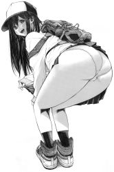 Rule 34 | 1girl, absurdres, ass, backpack, bag, baseball cap, bent over, commentary request, crotch seam, from behind, gagaimo, greyscale, hand on own knee, hat, high tops, highres, legs, long hair, long sleeves, looking at viewer, looking back, miniskirt, monochrome, open mouth, original, panties, partial commentary, pleated skirt, school uniform, shoes, skirt, sleeves past wrists, smile, sneakers, socks, solo, standing, sweater, traditional media, underwear