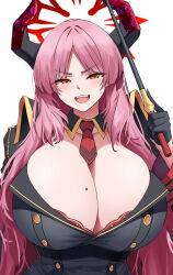 Rule 34 | 1girl, absurdres, between breasts, blue archive, blush, breasts, cho!cho!, cleavage, gigantic breasts, halo, highres, holding, holding stick, horns, huge breasts, long hair, looking at viewer, mechanical halo, messy hair, military, military uniform, mole, mole on breast, necktie, open mouth, orange eyes, pink hair, portrait, red necktie, satsuki (blue archive), short necktie, smile, solo, stick, uniform