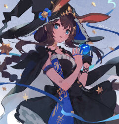 1girl amiya_(ambience_synesthesia_2024)_(arknights) amiya_(arknights) amiya_(medic)_(arknights) animal_ears arknights artist_name black_cloak black_dress black_gloves black_hat blue_apple blue_eyes braid braided_ponytail brown_hair cloak commentary dress ears_through_headwear gloves hat jewelry long_hair looking_at_viewer multiple_rings open_mouth rabbit_ears rabbit_girl ring signature single_glove solo twitter_username urabe_(mstchan) witch_hat