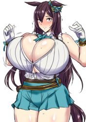 Rule 34 | akikusa peperon, animal ears, arms up, breasts, button gap, cleavage, commentary request, cowboy shot, gloves, highres, horse ears, horse girl, horse tail, huge breasts, long hair, mejiro dober (umamusume), ribbon, shirt, shirt tucked in, sweat, tagme, tail, thick thighs, thighs, tight clothes, tight shirt, umamusume, very long hair, white background, white gloves