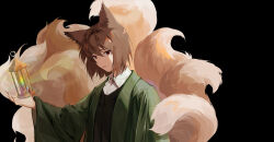 Rule 34 | 1boy, absurdres, animal ears, black background, black vest, brown hair, chinese commentary, closed mouth, collared shirt, commentary request, fox boy, fox ears, fox tail, green jacket, harada mutei, highres, jacket, kemonomimi mode, kitsune, kyuubi, lizi hua guaishou, long sleeves, male focus, multiple tails, open clothes, open jacket, rainbow gradient, red eyes, saibou shinkyoku, shirt, short hair, simple background, tail, upper body, vest, white shirt, wide sleeves