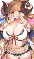 Rule 34 | 1girl, absurdres, anila (granblue fantasy), anila (summer) (granblue fantasy), bikini, blonde hair, blunt bangs, blush, breasts, cleavage, collarbone, draph, duplicate, granblue fantasy, highres, horns, large breasts, long hair, looking at viewer, marushin (denwa0214), navel, open mouth, simple background, solo, swimsuit, teeth, thick eyebrows, thighs, very long hair, white background, white bikini