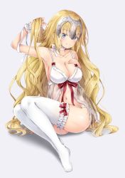 Rule 34 | 1girl, arm up, babydoll, blonde hair, blush, breasts, cleavage, closed mouth, collarbone, fate/apocrypha, fate/grand order, fate (series), frills, full body, grey background, hand in own hair, hand on own chest, headpiece, jeanne d&#039;arc (fate), jeanne d&#039;arc (ruler) (fate), large breasts, legs together, lingerie, long hair, looking at viewer, navel, plantar flexion, see-through, sidelocks, simple background, sitting, smile, solo, thighhighs, thighs, underwear, white thighhighs, yoshida iyo