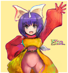 Rule 34 | 1girl, :d, aqua eyes, arm up, belt, blush, bob cut, bodysuit, border, bow, brown belt, byte (grunty-hag1), character name, cowboy shot, eiko carol, eyelashes, facing viewer, final fantasy, final fantasy ix, gluteal fold, hair bow, hand on own hip, horns, long sleeves, mini wings, open mouth, pink bodysuit, raised eyebrows, short hair, single horn, skin tight, smile, solo, standing, teeth, tongue, white border, wings, yellow background, yellow bow