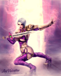 Rule 34 | 1girl, armor, bent over, blue eyes, boots, breasts, character name, fighting stance, gloves, high heels, isabella valentine, large breasts, leather, lipstick, makeup, midriff, namco, revealing clothes, shoes, short hair, solo, soul calibur, soulcalibur, soulcalibur iv, sword, thighhighs, thighs, underboob, weapon, white hair
