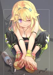 Rule 34 | 1girl, blonde hair, bottle, breasts, cleavage, female focus, hair ornament, hairclip, hands on feet, highres, jewelry, long hair, looking at viewer, mitake eil, nail polish, necklace, one eye closed, original, pants, purple eyes, shoes, sitting, solo, strapless, tube top, water, water bottle