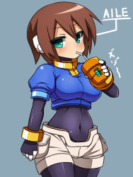 Rule 34 | 1girl, aile (mega man zx), aqua eyes, blush, bodystocking, bracelet, breasts, brown hair, character name, covered navel, cowboy shot, drink, drinking straw, female focus, green eyes, hair between eyes, haniwagi (hal), impossible clothes, jewelry, large breasts, looking at viewer, mega man (series), mega man zx, navel, puffy short sleeves, puffy sleeves, robot ears, short hair, short sleeves, shorts, simple background, solo, spandex, white shorts