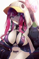 Rule 34 | 1girl, animal hood, baobhan sith (fate), baobhan sith (second ascension) (fate), black jacket, blue bow, bow, breasts, cosplay, earrings, fate/grand order, fate (series), grey eyes, highres, hood, hood up, jacket, jewelry, large breasts, long hair, long sleeves, looking at viewer, meltryllis, meltryllis (fate), meltryllis (swimsuit lancer) (fate), meltryllis (swimsuit lancer) (fate) (cosplay), meltryllis (swimsuit lancer) (first ascension) (fate), murasaki yuna, navel, open mouth, penguin hood, pink hair, pointy ears, revealing clothes, sidelocks, solo