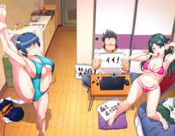 Rule 34 | 1boy, 2girls, aqua one-piece swimsuit, armpits, bikini, black hair, blue eyes, blue hair, blunt bangs, breasts, cleavage, clothing cutout, computer, demon girl, demon horns, food, food on body, food on breasts, frown, glass, green hair, highres, holding, holding notebook, horns, indoors, laptop, large breasts, long hair, lv1 maou to one room yuusha, maou (lv1 maou to one room yuusha), max (lv1 maou to one room yuusha), multi-strapped bikini bottom, multi-strapped bikini top, multiple girls, navel, navel cutout, necktie, notebook, official art, one-piece swimsuit, orange-framed eyewear, orange necktie, pink bikini, pointy ears, popsicle, purple eyes, short hair, skirt, split, standing, standing on one leg, standing split, swimsuit, tongue, tongue out, underboob, unworn necktie, unworn shirt, unworn skirt, unworn swimsuit, watanabe yoshihiro, wooden floor, zenia (lv1 maou to one room yuusha)
