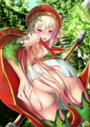 Rule 34 | 1girl, absurdres, alleyne (queen&#039;s blade), alleyne (queen's blade), armpits, ass, belt, bikini, bikini top only, blonde hair, blue eyes, blush, boots, braid, breasts, cameltoe, cape, elf, fighting master alleyne, forest, from behind, haru (hottikisu25), hat, highres, leaning forward, long hair, looking back, miniskirt, nature, open mouth, outdoors, panties, pointy ears, polearm, queen&#039;s blade, skirt, small breasts, solo, swimsuit, thigh boots, thighhighs, thong, tree, underwear, very long hair, weapon