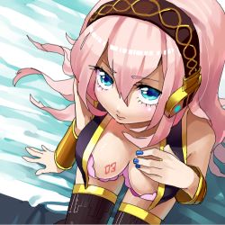 Rule 34 | 1girl, bad id, bad pixiv id, blue eyes, blush, bra, breasts, cleavage, downblouse, from above, gum (gmng), gumidemo kandero, headphones, jam (pixiv172700), large breasts, lingerie, long hair, megurine luka, nail polish, pink hair, sitting, solo, underwear, vocaloid