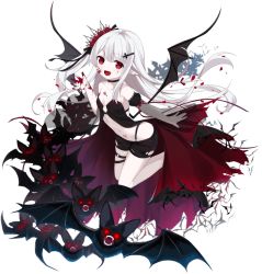 Rule 34 | 1girl, bat (animal), black choker, black shorts, black surge night, blood, blood on face, blood on hands, breasts, cape, choker, cross, cross hair ornament, fang, fangs, fufumi, hair ornament, latin cross, long hair, looking at viewer, official art, pale skin, petals, pointy ears, red eyes, shorts, small breasts, thigh strap, torn clothes, transparent background, vampire (black surge night), very long hair, white hair, wings