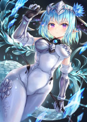 Rule 34 | 1girl, akami770, blue flower, blue hair, bodysuit, breasts, bright pupils, claws, closed mouth, colored inner hair, covered navel, detached sleeves, dragon girl, dragon horns, dragon tail, expressionless, flower, green hair, grey bodysuit, hair flower, hair ornament, headpiece, highres, holding, holding weapon, horns, looking at viewer, medium breasts, multicolored hair, pointy ears, purple eyes, shadowverse, short hair, solo, tail, vambraces, weapon, whitefrost dragonewt filene