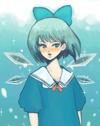 Rule 34 | 1girl, adapted costume, arcoiris, blouse, blue background, bow, cirno, lowres, shirt, solo, sparkle, touhou, white shirt