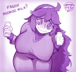 Rule 34 | 1girl, absurdres, ahoge, bottle, breasts, creatures (company), game freak, grin, hex maniac (pokemon), highres, huge breasts, large breasts, leaning forward, long hair, looking at viewer, milk bottle, nintendo, pokemon, pokemon xy, qtiddies, smile, solo