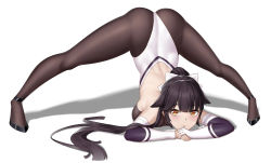 Rule 34 | 1girl, absurdres, animal ears, arm rest, ass, azur lane, black hair, black pantyhose, breasts, commentary request, dog ears, fingerless gloves, full body, gloves, hair ears, hair flaps, hands on ground, highres, huahuademaomaotou, jack-o&#039; challenge, large breasts, leotard, long hair, meme, multicolored leotard, pantyhose, ponytail, race queen, shadow, simple background, solo, spread legs, takao (azur lane), takao (full throttle charmer) (azur lane), top-down bottom-up, two-tone leotard, white background, white gloves, white leotard, wide spread legs