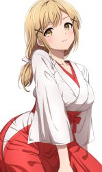 Rule 34 | 1girl, absurdres, alternate hairstyle, arm at side, bang dream!, blonde hair, blush, breasts, collarbone, commentary request, cowboy shot, hair ornament, hair ribbon, hakama, hakama skirt, highres, ichigaya arisa, japanese clothes, kimono, large breasts, long hair, long sleeves, looking at viewer, low ponytail, miko, noshimurin, official alternate costume, official alternate hairstyle, parted lips, ponytail, red hakama, ribbon, simple background, sitting, skirt, smile, solo, white background, white kimono, white ribbon, wide sleeves, x hair ornament, yellow eyes