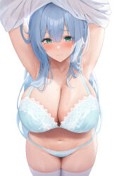 Rule 34 | 1girl, armpits, arms up, blue bra, blue hair, blue panties, blush, bra, breasts, cleavage, closed mouth, futon fly away, green eyes, highres, large breasts, long hair, looking at viewer, mole, mole under eye, original, panties, shirt, simple background, smile, thighhighs, underwear, white background, white shirt, white thighhighs
