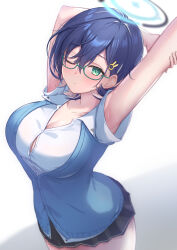 Rule 34 | 1girl, absurdres, arms up, blue archive, blue cardigan, blue hair, breasts, cardigan, chihiro (blue archive), cleavage, glasses, green eyes, halo, highres, large breasts, neko punch (user hddm3373), one eye closed, pleated skirt, shirt, skirt, stretching, white shirt