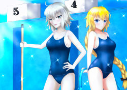 Rule 34 | 2girls, absurdres, ahoge, arms behind back, bad id, bad pixiv id, blonde hair, blue eyes, blush, braid, breasts, competition school swimsuit, empty pool, fate/apocrypha, fate/grand order, fate (series), grey eyes, hand on own hip, highres, hose, jeanne d&#039;arc (fate), jeanne d&#039;arc (ruler) (fate), jeanne d&#039;arc alter (avenger) (fate), jeanne d&#039;arc alter (fate), large breasts, long braid, medium breasts, multiple girls, one-piece swimsuit, pool, rai (newtype xm-x1), school swimsuit, sideboob, silver hair, smile, swimsuit, yellow eyes