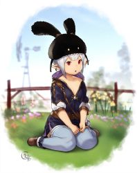 Rule 34 | 1girl, bag, belt, blue thighhighs, blurry, blurry background, collarbone, commentary, day, earrings, fence, final fantasy, final fantasy xiv, flat chest, hat, hat with ears, highres, houtengeki, jewelry, lalafell, looking at viewer, open mouth, outdoors, pointy ears, red eyes, short hair, shoulder bag, silver hair, sitting, solo, thighhighs, wariza