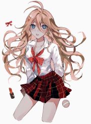 Rule 34 | 1girl, antenna hair, arms behind back, ball, blonde hair, blue eyes, blush, bow, bowtie, breasts, chu dong, cleavage, collarbone, collared shirt, cropped legs, danganronpa (series), danganronpa v3: killing harmony, grey background, hair between eyes, highres, iruma miu, large breasts, lipstick, long hair, looking at viewer, makeup, messy hair, parted lips, plaid, plaid bow, plaid bowtie, plaid skirt, red bow, red bowtie, red skirt, shirt, simple background, skirt, solo, squinting, teeth, white background, white shirt