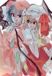 Rule 34 | 2girls, ascot, bat wings, blonde hair, blue hair, crystal, curly hair, dress, embodiment of scarlet devil, expressionless, eyelashes, flandre scarlet, frilled skirt, frilled sleeves, frills, gotagotay, hair between eyes, hat, hat ribbon, highres, light smile, looking at another, mob cap, multiple girls, pink headwear, puffy short sleeves, puffy sleeves, purple hair, red dress, red eyes, red ribbon, red skirt, remilia scarlet, ribbon, short hair, short sleeves, siblings, side ponytail, simple background, sisters, skirt, slit pupils, smile, tongue, tongue out, touhou, white headwear, wings, wrist cuffs, yellow ascot