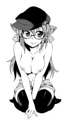 Rule 34 | 1girl, :p, animal ears, bad id, bad pixiv id, breasts squeezed together, breasts, cleavage, dice, earrings, glasses, greyscale, hat, highres, jewelry, kneeling, kusanagi tonbo, large breasts, long hair, monochrome, navel, nipples, original, shorts, solo, thighhighs, tongue, tongue out, topless