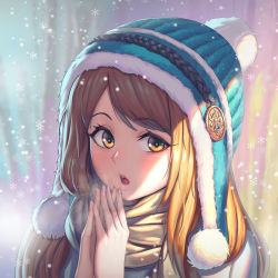 Rule 34 | 1girl, beanie, blonde hair, blowing on hands, blue hat, breath, chinese commentary, commentary request, day, gem, hands up, hat, highres, long hair, looking at viewer, moonandmist, nail art, nail polish, open mouth, original, outdoors, own hands together, pink nails, pom pom (clothes), portrait, scarf, shade, snowflakes, snowing, solo, sunlight, swept bangs, warming hands, winter, winter clothes, yellow eyes, yellow scarf