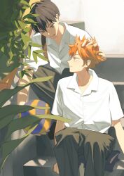 Rule 34 | 2boys, ball, black hair, black pants, buttons, closed mouth, collared shirt, estelle bear, feet out of frame, haikyuu!!, headpat, highres, hinata shouyou, indoors, kageyama tobio, leaf, looking at another, male focus, multiple boys, orange eyes, orange hair, pants, parted lips, plant, school uniform, shirt, short sleeves, stairs, upper body, volleyball (object), white shirt