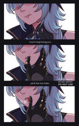 Rule 34 | 2girls, blue hair, closed mouth, english text, eula (genshin impact), finger to another&#039;s mouth, genshin impact, gloves, highres, jean (genshin impact), jhorliearts, multiple girls, scar, scar on face, scar on mouth, teeth, tongue, yuri