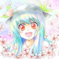 Rule 34 | 1girl, blue hair, blush, faux traditional media, female focus, flower, food, fruit, hat, hinanawi tenshi, long hair, making-of available, open mouth, painting (medium), peach, petals, portrait, red eyes, shimada (simada bu), solo, touhou, traditional media, watercolor (medium)
