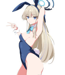 Rule 34 | 1girl, animal ear hairband, animal ears, aqua bow, aqua bowtie, arm behind head, armpits, bare shoulders, blonde hair, blue archive, blue eyes, blue hair, blue halo, blue leotard, bow, bowtie, breasts, closed mouth, commentary request, cowboy shot, detached collar, fake animal ears, fake tail, from side, hairband, halo, highres, kusana (kusana47454281), leotard, long hair, looking at viewer, medium breasts, multicolored hair, official alternate costume, playboy bunny, rabbit ears, rabbit tail, simple background, solo, strapless, strapless leotard, streaked hair, tail, toki (blue archive), toki (bunny) (blue archive), v, white background, white wrist cuffs, wrist cuffs