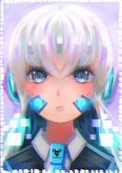 Rule 34 | 1girl, blue eyes, blue hair, blue necktie, collared shirt, commentary, highres, hologram, long hair, looking at viewer, necktie, original, portrait, serious, shirt, solo, tecnomayro, white hair, wing collar