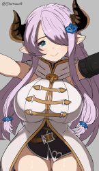 Rule 34 | 1girl, absurdres, bare shoulders, black gloves, blue eyes, blush, braid, breasts, cleavage, draph, elbow gloves, gloves, granblue fantasy, hair ornament, hair over one eye, highres, horns, large breasts, long hair, looking at viewer, narmaya (granblue fantasy), pointy ears, pov, purple hair, single glove, smile, solo, stormowl0, thighs, very long hair