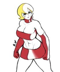 Rule 34 | 1girl, abs, bare shoulders, blonde hair, breasts, check copyright, cleavage, copyright request, cowboy shot, curvy, elbow gloves, gloves, highres, large breasts, midriff, miniskirt, ms. pac-man, navel, pac-man (game), pencil skirt, personification, red gloves, red skirt, red tube top, short hair, simple background, skirt, solo, soulja void, standing, strapless, tube top, white background
