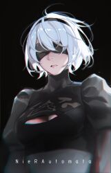 Rule 34 | 1girl, 2b (nier:automata), absurdres, black background, black blindfold, black dress, black hairband, blindfold, blurry, breasts, cleavage, cleavage cutout, clothing cutout, collarbone, copyright name, covered eyes, depth of field, dress, hairband, highres, juliet sleeves, light particles, limart, long sleeves, medium breasts, nier, nier:automata, nier (series), parted lips, puffy sleeves, short hair, simple background, solo, swept bangs, white hair