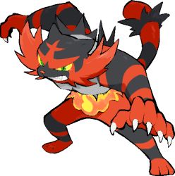 Rule 34 | claws, colored sclera, commentary request, creatures (company), fire, full body, furry, game freak, gen 7 pokemon, green eyes, incineroar, kawaanago, leaning forward, legs apart, lowres, nintendo, pokemon, pokemon (creature), sharp teeth, solo, teeth, toes, transparent background, yellow sclera